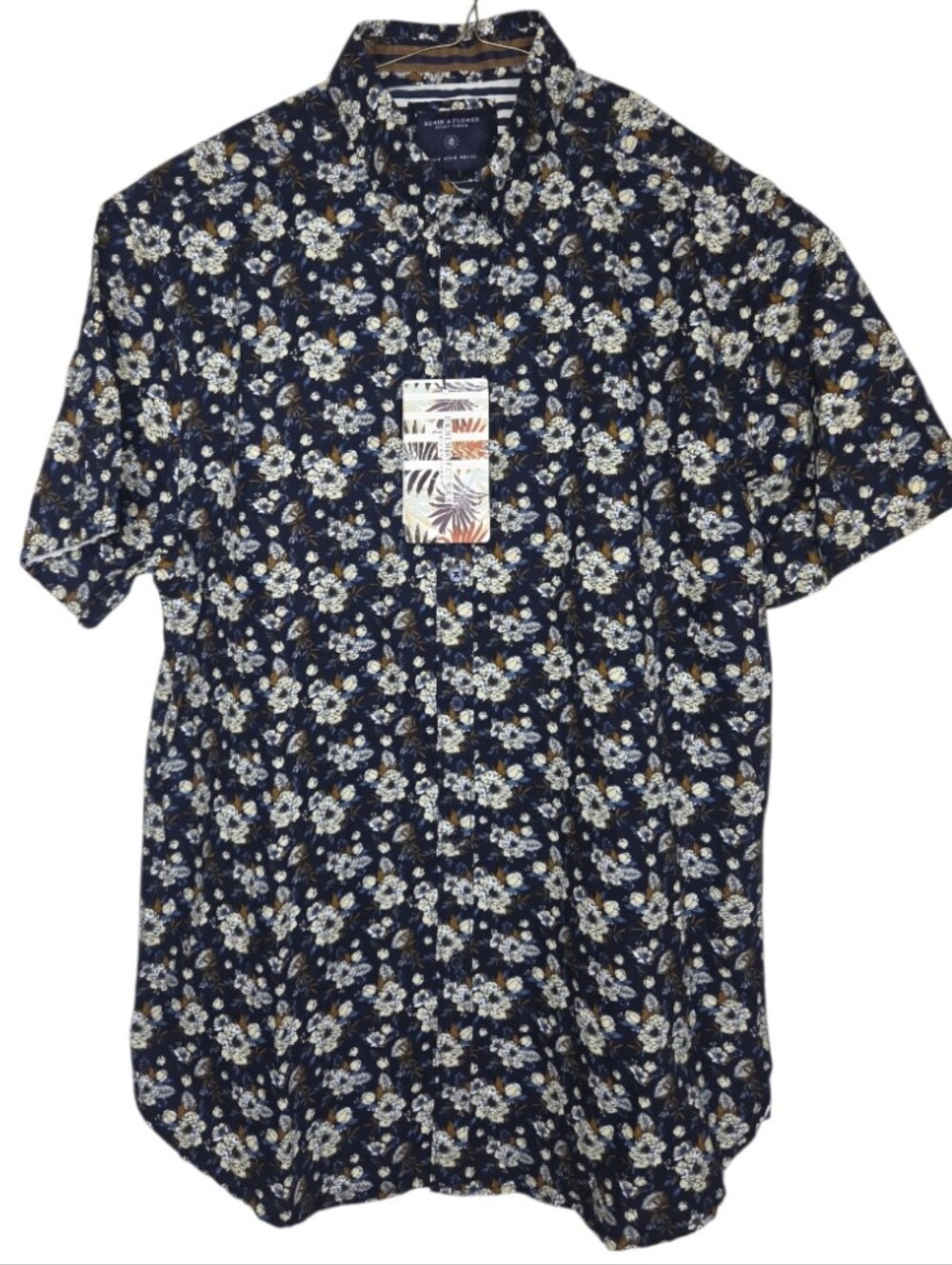 Denim & Flower Men's Navy Floral Short Sleeve Button Front Shirt Size M